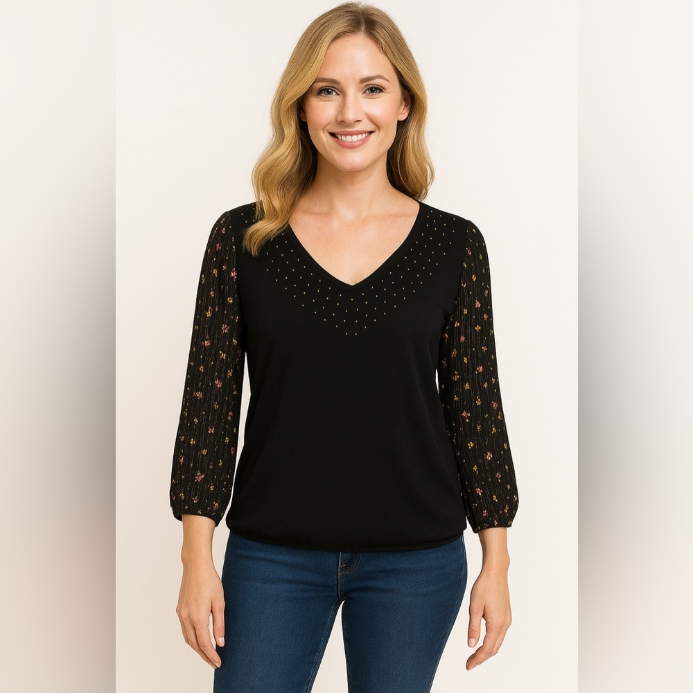 Cure. Elegant Black Beautiful Floral Sheer Balloon Sleeve Blouse - Size L